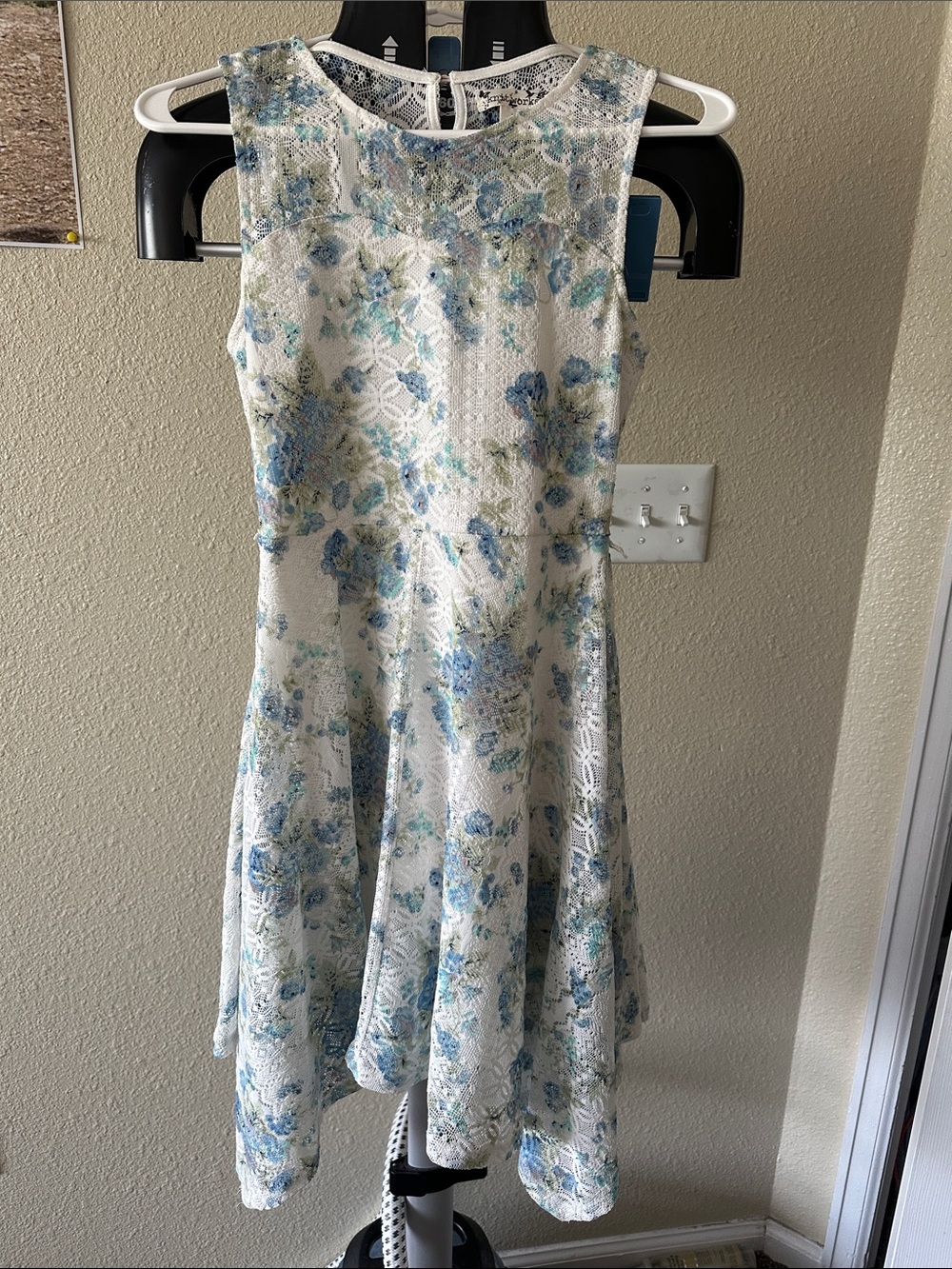 Knitworks White Floral Lace Fit-and-Flare Dress with Blue Accents